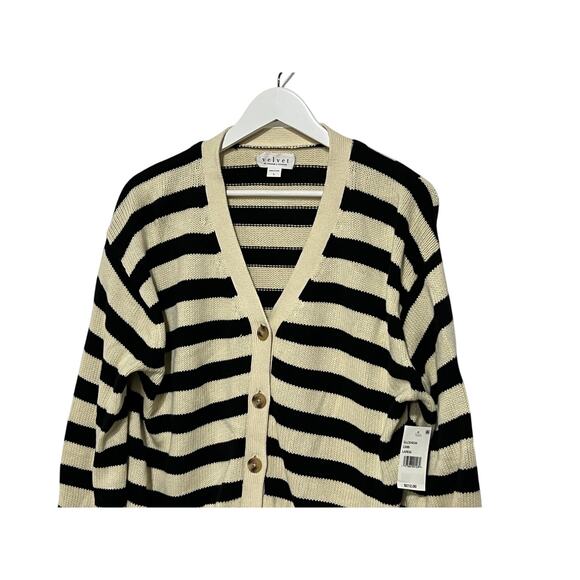 VELVET GRAHAM SPENCER WMNS LARGE ELODIE STRIPE CARDIGAN SWEATER BLACK CREAM NEW - Picture 7 of 14